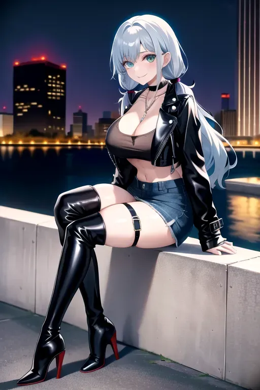 full body, blue hair, green eyes, short girl, denim miniskirt, black high heeled boots, looking at viewer, long hair, pale skin, silver necklace, black crop top, 24 years old, giant breasts, cute face, pov, wavy hair, city environment, Oklahoma City, wide eyes, erotic, skirt tug, leather jacket, nighttime, black backpack, slim body, low pigtails, sitting on wall, smiling, thigh high boots, cleavage