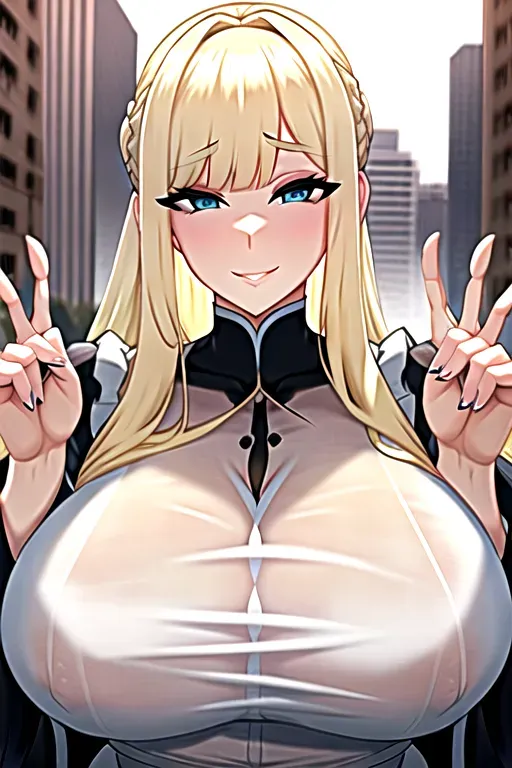 Polish top-heavy blonde bbw
Massive tits
Wearing a white see thru sheer top
Hair up
All five fingers are present
Taking a picture outside