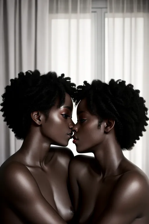 naked, sexy, twin black sisters, twin, lesbian, realistic, kissing, young