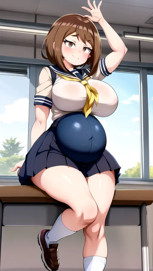 In the art style of my hero academia, 1girl, Ochaco Uraraka, sexy, gigantic saggy breasts, huge breasts, short brown hair, brown eyes, classroom, school uniform, pregnant,