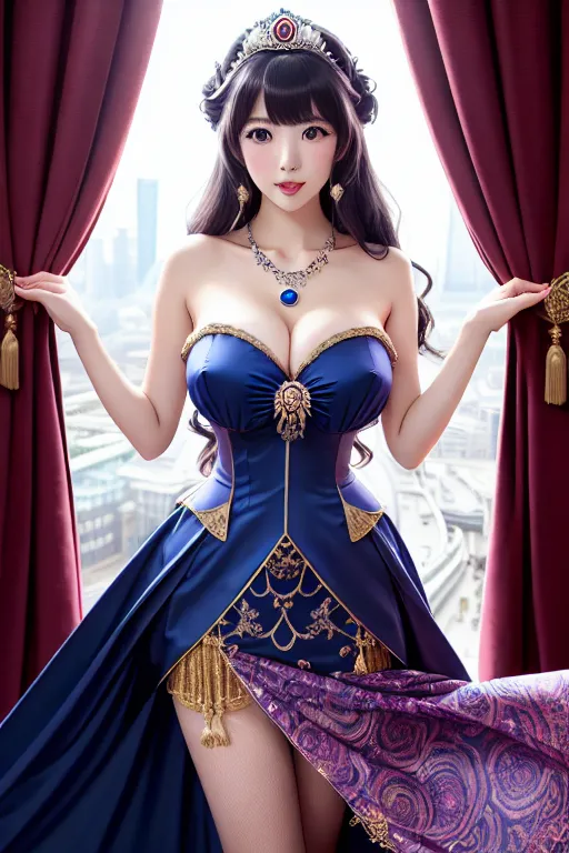 a photograph of,yua mikami,wearing empress dress,shooting from a high point,in the london underground,amazing breasts,five slender fingers,wavy curtain bang,charming face,beautiful lips,blue eyes,curved eyebrows,pale skin,joyful,wearing necklace,highly detailed,sharp focus,surreal,artstation,pixiv