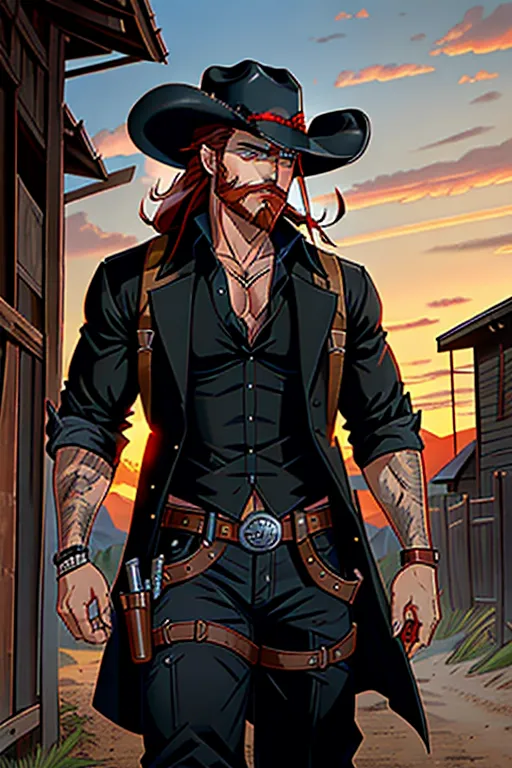 Old west, Badass cowboi, black cowboi hat with red band and a feather, medium red hair, sharp blue eyes, strong facial features, red beard, fit, muscular, wearing a long trench coat, black shirt, holding a chrome 44. Revolver, gun holster on hips, black pants, walking away from the sunset, high definition, 4k quality, excellent lighting, great shading, pristine detail, very clear picture, accurate at lower promp guidence, five fingers per hand.