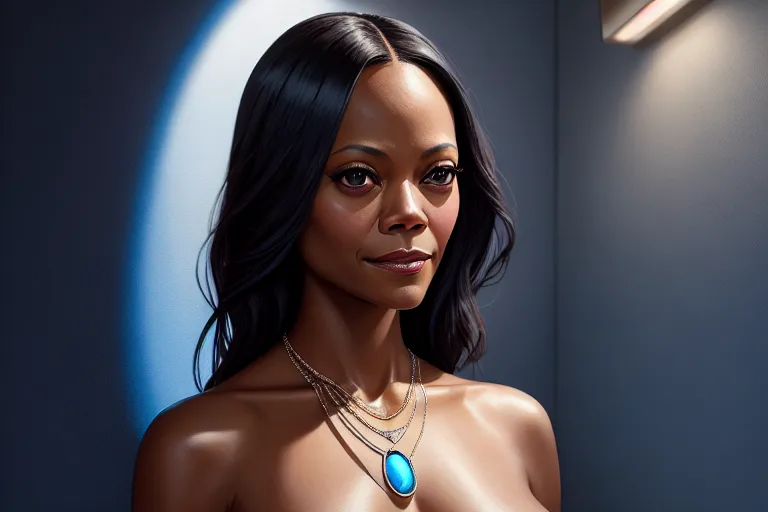a oil painting of,zoe saldana,naked,standing,natural breasts,five slender fingers,charming face,beautiful lips,blue eyes,curved eyebrows,curved eyelid,smooth skin,joyful,wearing necklace,cinematic lighting,highly detailed,surreal,pixiv,professional