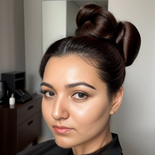 masterpiece beautiful woman,hair buns, front look, 8k hight details, large face chubby, 30yo