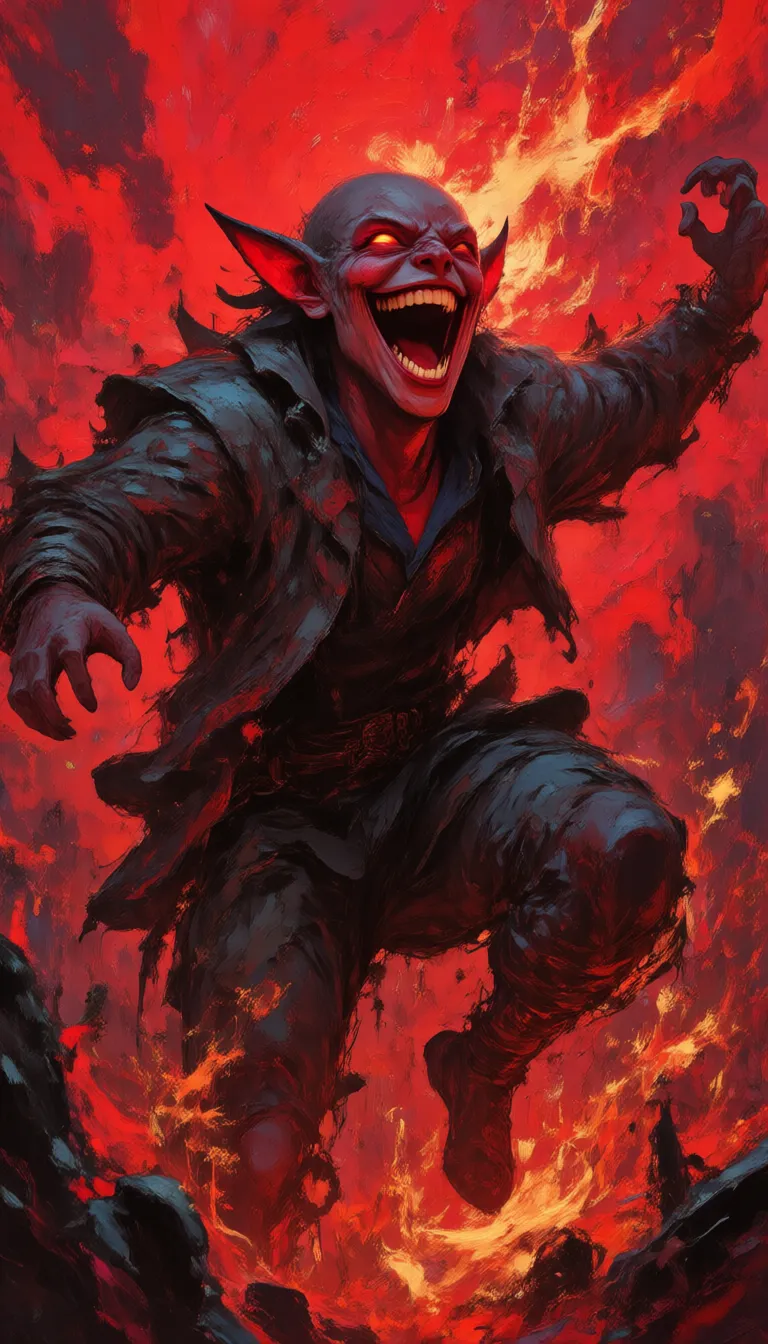 SplashPastoDaal,
A demon laughing in triumph beneath a blood-red sky, painted with thick palette-knife ridges and molten color. The impasto texture mirrors his volatile joyâchaotic, beautiful, alive. The scene feels like Van Goghâs emotional turbulence meeting the surreal fire of fantasy illustration.