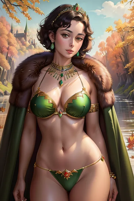 Colour painting of a Young Princess Margaret, ((short dark hair)), very detailed and jewelled green bikini,((bare thighs)), fur cloak over her shoulders, smooth skin, sexy butt, fine beautiful body,((autumn landscape)),(detailed skin features),(detailed face features), beautiful face, (detailed body features), beautiful eyes,