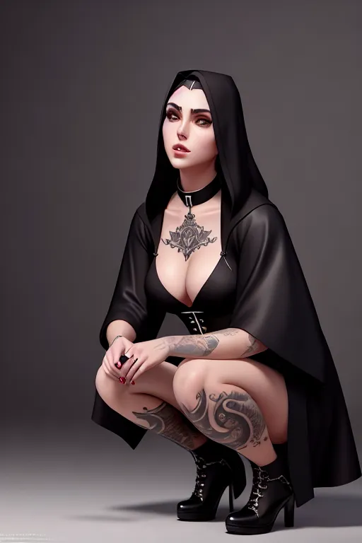 a concept art of,a priest,wearing priest clothes,squatting,at the party,small breasts,five fingers per hand,gorgeous face,beautiful lips,curved eyebrows,curved eyelid,romantic,tattoo,professional,ultra realistic,smooth,artstation,pixiv