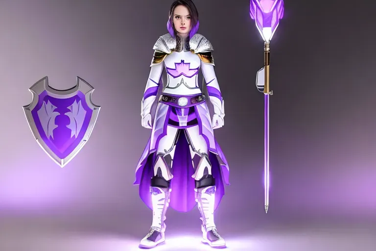 intricate highly detailed photorealistic realistic ultra realistic sharp focus with daisy ridley dressed in white medieval thunderbird armor with purple accents white winged helmet with purple accents white and purple medieval shield with two purple thunderbirds on the face and a purple cloak