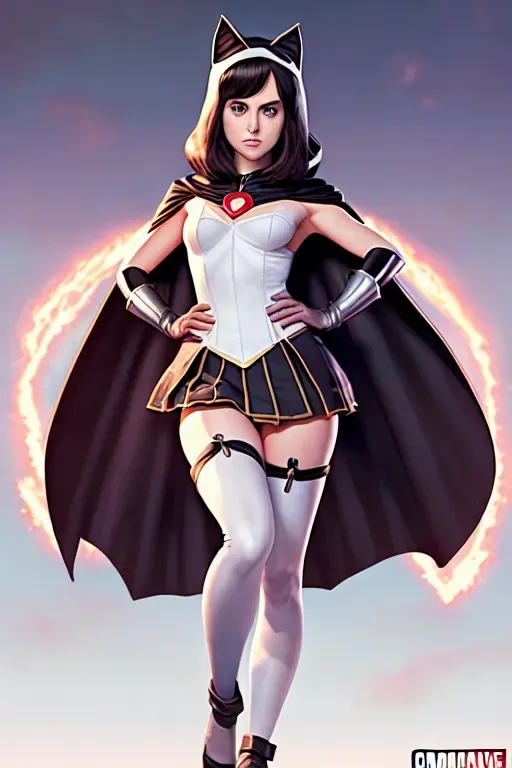dpmg_alison_brie_v1, Full Body Photorealistic cute bombsehll anime girl, petite, wearing very tight fitting anime fantasy outfit, standing with arms resting at sides, feet equally apart, cape