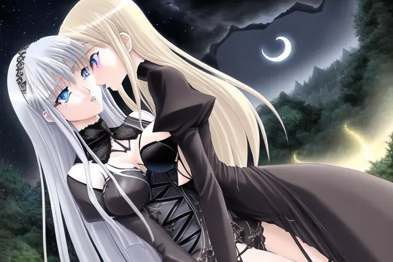 Blue-eyed, Tall, skinny, frail, pastel transgender woman, held by waist by short thick thigh goth brown-eyed woman, under tree, on hill, landscape, night sky, crescent moon, forest, twinkling stars, dark night, rainy, slightly cloudy, horny, making out, kissing, groping, aggressive