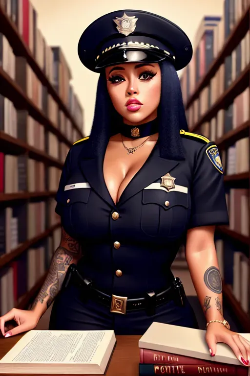 a digital painting of,doja cat,wearing police clothes,lying,at the bookstore,big ass,five fingers per hand,beautiful face,beautiful lips,detailed large eyes,curved eyebrows,curved eyelid,cosy,artstation,editorial,highly detailed,sharp focus,cinematic lighting