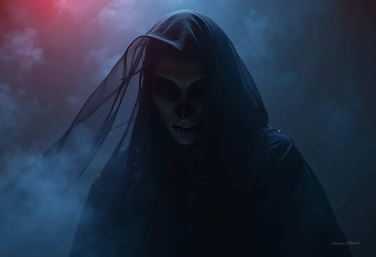 An Enigmatic Veiled Shadows vision of a masked dancer, where semi-transparent drapes of darkness shift across the scene. Use overlapping washes of crimson and sapphire blue to hint at hidden details beneath the moody, layered gloom