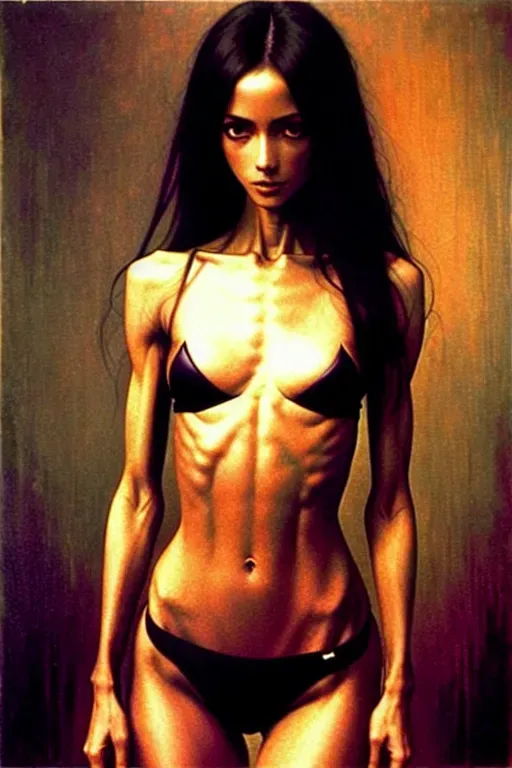 woman, anarexic, thinspo, skinny, slender, petite, busty skinny,f cups, abs, obliques, slouching, trypophobia, in the style of beksinski