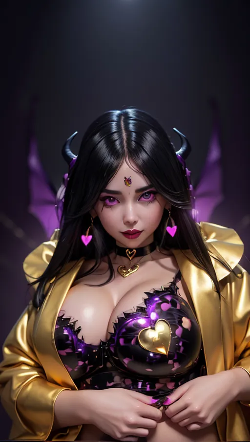 best quality, (((ultra high res))), (detailed face and eyes), hearts, perfect face, heart choker, golden earrings, jewelry, purple glowing heart, black latex, purple heart necklace, (topless), (((succubus))), horns, tail, snake coiling, perfect tits, (huge tits), (golden snake), ((heart nipple patches)), black hair