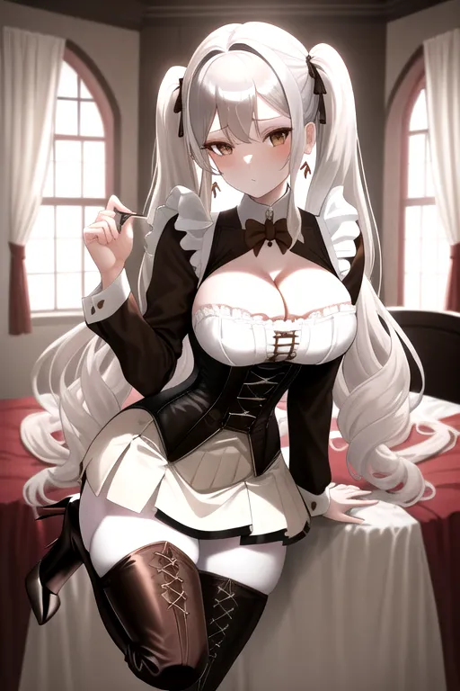 brown maid uniform, wavy hair, long hair, white hair, brown eyes, high heels, miniskirt, in bedroom, 4k, looking at viewer, pov, 1girl, cleavage, giant breasts, pale skin, silver earrings, thigh high boots, corset, serving food, low pigtails