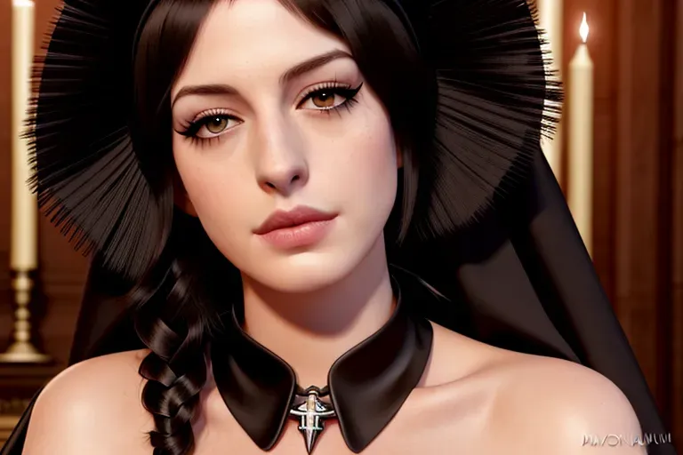 a digital art of,Anne Hathaway,goth makeup, nun,laying on altar,five fingers per hand,braids hair,charming face,beautiful lips,brown eyes,curved eyebrows,cosy,tattoo,8k,pixiv,