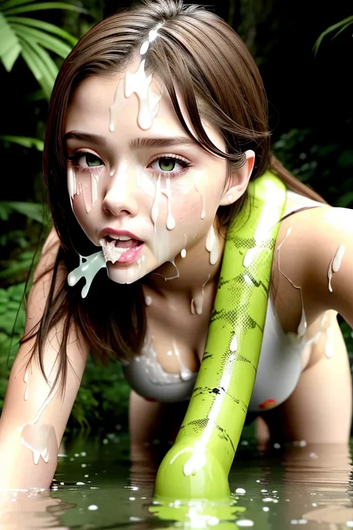 (an 8k resolution ultra realistic wide professional (((moderate (head-on) (face) selfie))),action photo by national geographic using nikon 36 megapixel d800e camera of a single woman, Bimbo Slut, Chloe Grace Moretz(looking at camera),(huge round firm beautiful breasts), ((accurate face)),((correct female Anatomy)),( naked),(detailed dense hot humid jungle luminous Vegetation big trees cave entrance overgrown bridge background),green shallow water,((detailed hair features)),(((detailed facial features))),((detailed arms features)),((detailed crotch features)),((detailed eye features)),((beautiful full lips)),((textured skin)),((correct human tongue)),((correct human ears)),((correct number of human butthole)),((detailed perfect teeth)),((all tentacles have snake skinn texture)),((she is crawling on all fours in extra shallow water)), (tentacle sex) ,((living pit of tentacles)),((a single tentacle wrapped around her neck)),tentacles are wrapped around her arms legs midriff ,(( she is showing an aheago facial expression)),((full length tentacle is fucking her Pussy)),((semen is excessively dripping out from her mouth)),((dpmg_face_cum_v1))