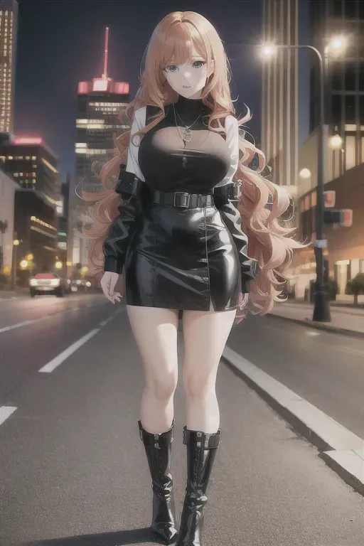 full body, strawberry blonde hair, hazel eyes, short girl, black miniskirt, black high heel boots, looking at viewer, long hair, pale skin, silver necklace, black shirt, 24 years old, giant breasts, cute face, pov, wavy hair, city environment, Oklahoma City, wide eyes, erotic, skirt tug, red trench coat, nighttime, black backpack