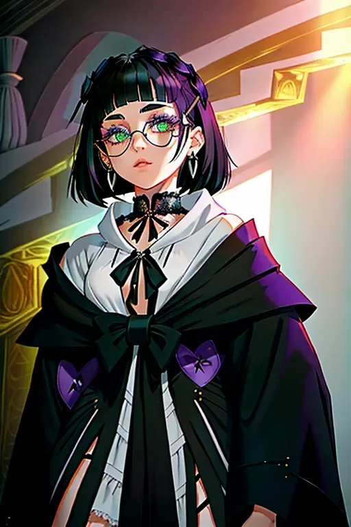 A Raven Claw Teenage Girl with a 2008 emo girl hair cut hair. Her hair is black and continues down to her shoulders. Her hair is also a bit wavy towards the bottom. Her bangs go across the top of her face just barely above the eyebrows. She is wearing a pair of wizarding robes over her body. The robes hug her body nicely. Underneath the robes she has barely tucked away a little lace choker. She also has earrings of little swords going through her earlobe as her earrings, she also has a pair of small glasses that make her green-grey and hazel eyes sparkle.
