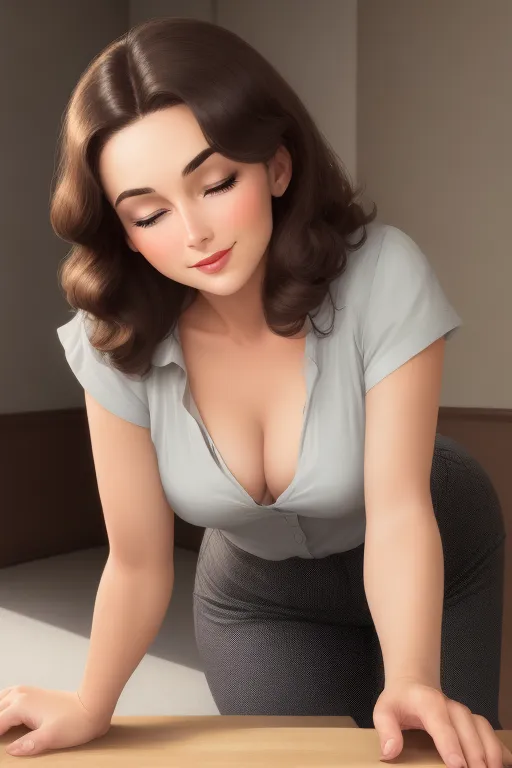 A brunette milf, 1950s, getting fuck, looking at me, facing me, on the floor, here man behind her, medium hair, dark eyebrows, sexualy pleasured eyes closed, small nose, genuine smile, soft cheeks, thin frame, rippedup blouse, small sized breasts hanging, cleavage, high definition, great lighting, 4k quality, excellent shading, five fingers per hand.