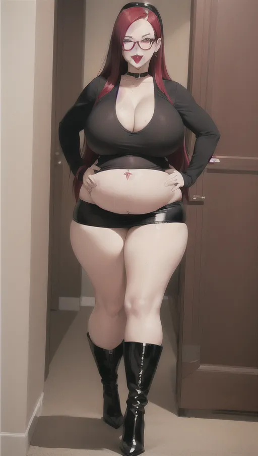 Dark red hair, sexy glasses,Sexy women ,big boobs,pregnant gigantic belly,fat belly and fat boobs,weight gain, gigantic fat belly,fat belly ,huge pumped up belly, black mini skirt, black high heels boots,sex,nude boobs, <lora:dpmg_pov_Big_fat_belly:1> , ((( women vore ))),(((((vore belly))))),((((women prey vore belly))))