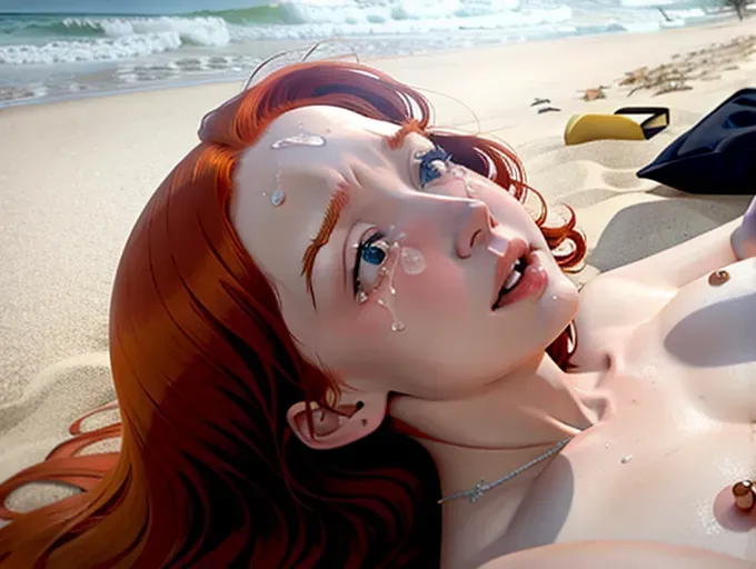 POV on top of a single nude sobbing redhead christina hendricks laying on the beach with her hands forcibly pinned over her head, forced nudity, eyes wide open with humiliation infused tears of pain, rape on the beach, i am sticking it to her deep and hard, i am hurting her, pumping her while she is begging me to stop fucking her, she is looking up at me pleading