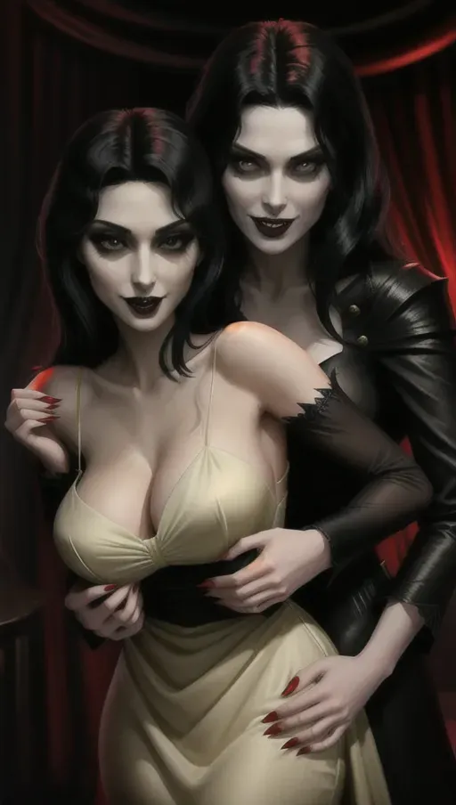 two figures in a dark and foggy goth club, an evil sexy sensual slightly taller dominant female black straight haired vampire woman with a wide toothy predatory smile, taking face of her victim in her hands gazing dominantly into her eyes hypnotizing innocent, light reddish-auburn gentle wavy hair, good girl mid-twenties Anna of Arendelle, relaxed, lips parted, eyes half closed in a modest soft green gown.