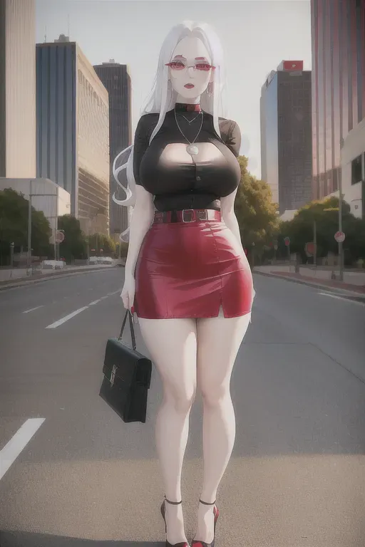 full body, white hair, green eyes, short girl, red miniskirt, black high heels, looking at viewer, long hair, pale skin, black necklace, black shirt, 24 years old, big breasts, cute face, pov, wavy hair, city environment, Oklahoma City, wide eyes, erotic, skirt tug