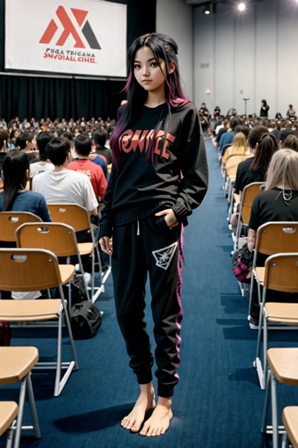 full-body image of a young hot barefoot punk girl with an angular face and long hair wearing casual pants and a long open sweater while at a public convention panel in front of a crowd of fully clothed people, sexy feet,