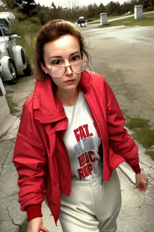 30 year old, short white female, walking down driveway, comfortable clothes, accurate face details, accurate hands, dark hair, hair band, looking at camera, wrinkled forehead, raised eyebrows, eyeglasses, 1990s, red shirt, light red jacket