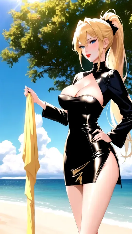 nsfw, high resolution, high detail image of, 1girl, beautiful, slim figure, long slender legs, medium breasts, short messy blonde ponytail, large bright detailed blue eyes, red lips, beautiful lips, 5 slender fingers, outside, at the beach, midday, natural light, sunshine, wearing tight black and gold dress, standing, left hand on hip, seductive facial expression