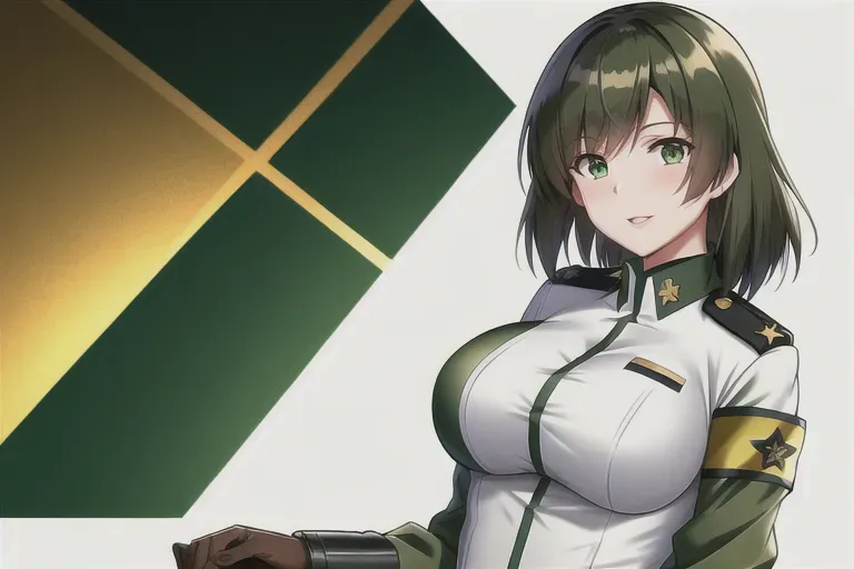 military, anime girl,military uniform,green armband,breasts,five fingers per hand,medium hair,charming face,beautiful lips,green eyes,brown haired,white skinned,smooth skin,wearing military uniform