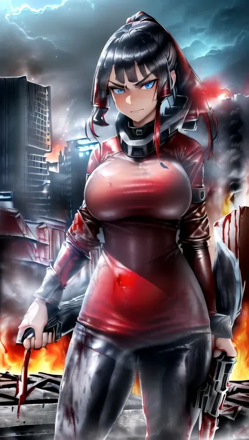 (((A professional))) (((HD 8k photo))) (((of a wolf girl))), (((standing fighting)))(((innocent round face))),(((high cheek bones))), (((smirking))), (((shocked look in eyes))), (((ice blue eyes))) ,(((with black hair with a lot of maroon red highlights))),(((wearing tight form fitting leather))),(((pistol_in_hand))), (((buildings burning))) (((night))), (((apocalyptic backround))) (((Covered in blood))) (((lots of blood)))