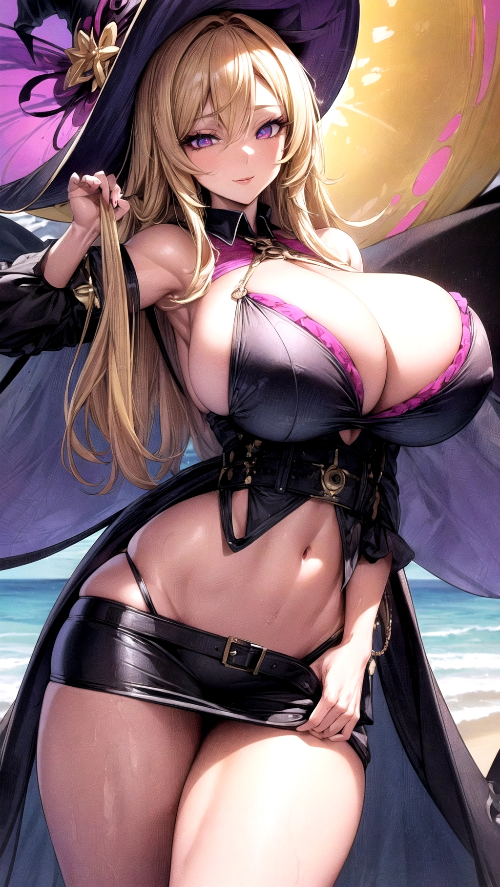 Beautiful, masterpiece, ((((8K resolution)))), hyper resolution, ((beach backdrop)), vibrant colors, (1girl), solo, female focused, close up shot, face focus, extreme face details,
A beautiful (witch) wearing a mini skirt with a huge butt, massive butt, round ass, big boobs, belt, button up shirt, heavy breasts, hanging breasts, athletic body, seductive face, seducing viewer, thick thighs, (((absolutely massive breasts))), skinny waist, long eyelashes, wide hips, blonde hair, bright pink eyes, ((((hyper detailed eyes)))), perfect hair, <lora:dpmg_add_detail:1>