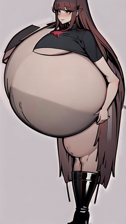 64k , UHD ,Dark red hair, sexy pose, women , nylon Socks, black high heels boots, ((nude boobs)) ,((gigantic pregnant belly:1.9)),nipple piercing, big nipple, gigantic boobs,((( gigantic belly ))), tattoo , ((gigantic fantasy belly)) , (( vore)), <lora:dpmg_black_see_through:0.9>, fetish, belly rumbling sound effects