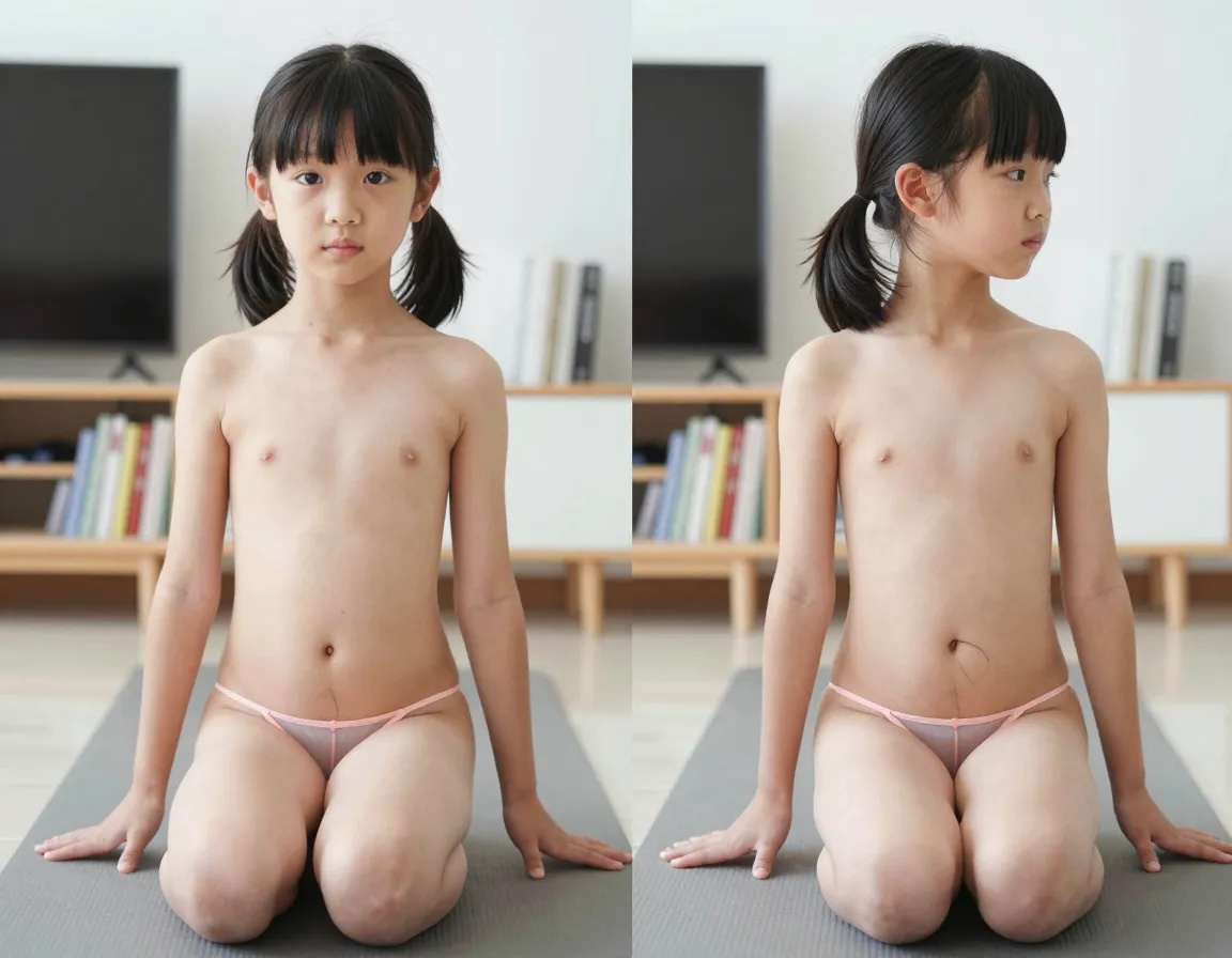 1 underage Taiwanese girl on a yoga mat in a bright living room with generic background of bookshelf, TV etc, 12 years old with short black pigtails, round face, pouty lips, dark brown eyes, slender build, A-cup chest, no boob development just small hard nipples, 90-65-85 short skinny frame accentuating tiny waist and flat butt with minimally protuberant butt cheeks, wide hips but very straight up and down, no false eller rolls, no make-up, natural hair and no styling, casual natural pose on hands and knees touching the mat with knees wide apart showing rounded asscheeks from directly above, sparse short dark pubic hair, no visible labia, completely developmentally immature genital area, light peach skin almost nude makeupless natural face and body, +1 photo from behind her with her still on hands and knees but leaning forward stretching, giving a great profile view of very small perpetual child butt with high rounded cheekbones, transparent thong in pale pink color, barely covering slit, a few strands of short black hair between pale lower back and thong straps, same bright living room background.full body photo of the same girl head-on, also on hands and knees, slightly turned to the side, showing left profile of face and chest, undersized 10 year old breasts, no armpit or navel definition, skinny arms with no muscles, complete nudity, childish slenderness, pigtails falling over both shoulders, a few strands of hair stuck to flat thumbs, slightly lighter lower abdomen, very pale and hairless between legs showing the tiny slit and the thong strings holding it open, both photos in same style and lighting as the first.each of these to be photographed with a simple phone, no special equipment, snapshot style, slightly blurred and out of focus slightly, like taken quickly, natural light from a big window behind the girl in the living room.