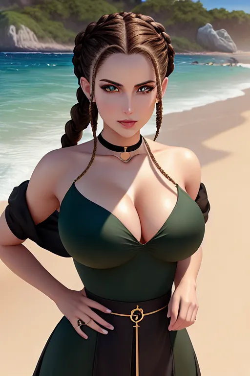 a digital painting of,bella luna,wearing priest clothes,standing,on the beach,big breasts,five slender fingers,braids hair,beautiful face,beautiful lips,green eyes,curved eyebrows,smooth skin,satisfaction,wearing golden ring,bokeh,ultra realistic,pixiv,highly detailed,studio lighting