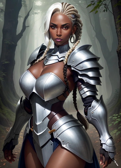 (masterpiece), absurdres, smooth, soft lines, soft edges, perfect edges, (soft lighting), (soft glow), perfect anatomy, detailed background, hair with great details, perfect eyes, perfect face, (looking at viewer), 1girl, forest background, full body view, ((older woman)),
((beautiful fully armored knight)), fully covered, flowing hair, lip gloss, full body view, lipstick, long eyelashes, serious, tall, ((cornrows hairstyle)), covered body,
(White hair), brown eyes, (((very dark skin))), ((flushed cheeks)), short hair, large woman,