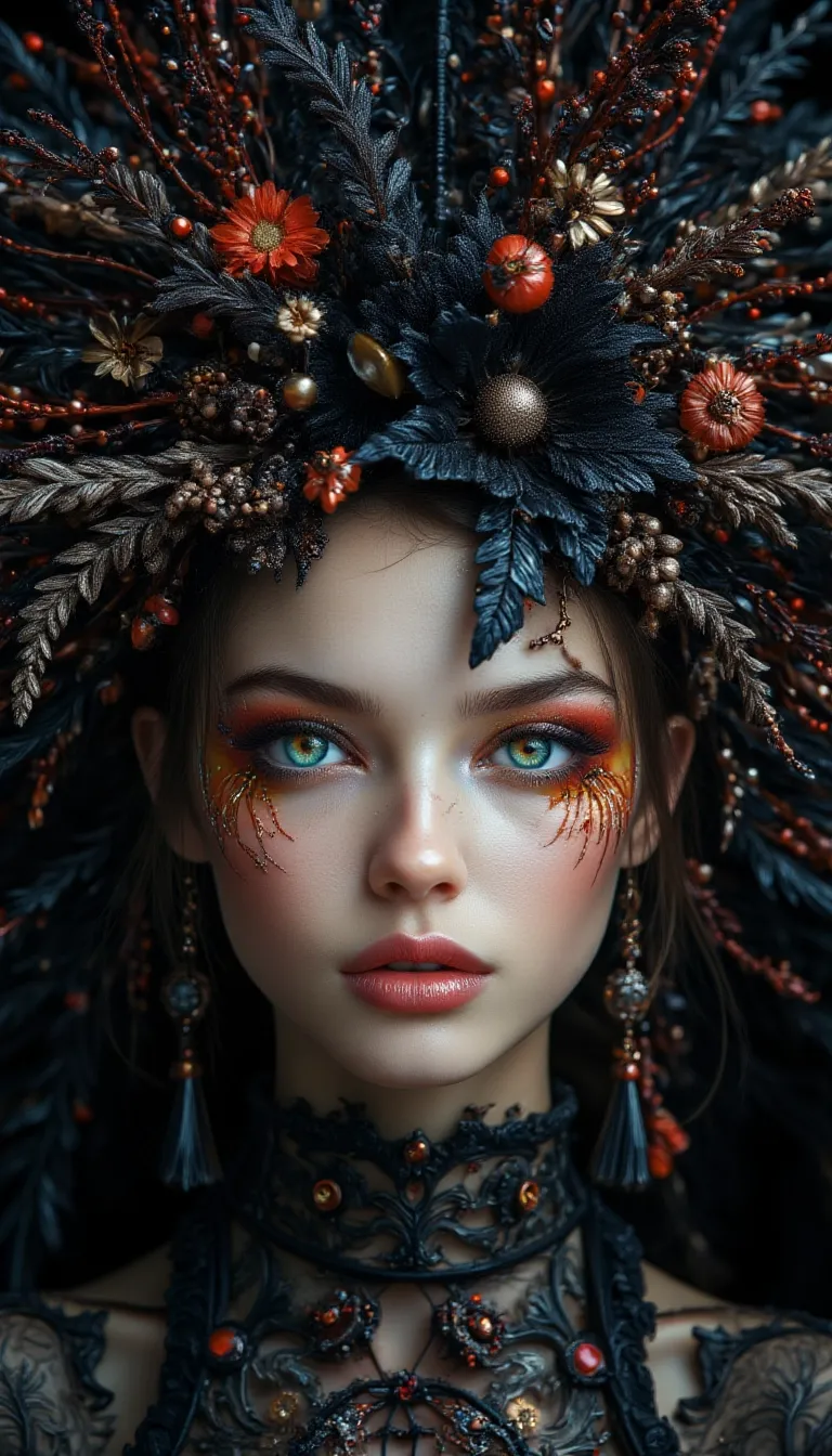 A hyper-realistic portrait of a stunning supermodel, featuring a beautifully detailed face with intricate. The image blends futuristic and traditional elements with a neo mode, avant-garde style, characterized by delicate and sleek lines, vibrant colors, and exquisite details. The modelâs eyes captivate with complex colored irises, while her unique, crazy hairstyle adds to the surreal and mysterious charm. The overall composition is symmetrical and fluid, with an ethereal and timeless aura. The interplay of light and shadow enhances the high-fashion aesthetic, capturing the essence of cyberpunk and folklore in a visually striking and artistic statement, Midjourney_Whisper