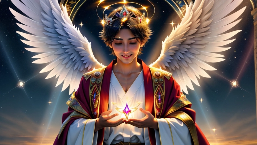 a 64k high detailed photo of body shot of Angelic, HDR Professional ((In Robes))) ((Has robe Attire)) Godly Ultra Detailed Best Quality Most Detailed (((Angel Wings))) Angelic Lighting Love Hope Magic casting Crown Smiling king happy Glory Warrior Angels Angelics Positivity Happiness ecstasy enraptured sweaty saving God Royalty Morality Goodness True Good Power Force Authority Ethical Saviour Halo short Hair Always and Forever Sentimental in heat hot ultra hot best best lighting tantric Neutral Brilliant Logical Compassionate Perfect Perfection Exciting Integrity Winged Courage Purity Harmony Beauty mark on upper lip ((Male)) (Ethereal Lighting) (Celestial Lighting) (((With Clothes))) ((With God Item)) ((God Tech)) with items of power God Wings ((Afterlife Light)) (Love Worship) ((Happy Expression)) (((Angels)))