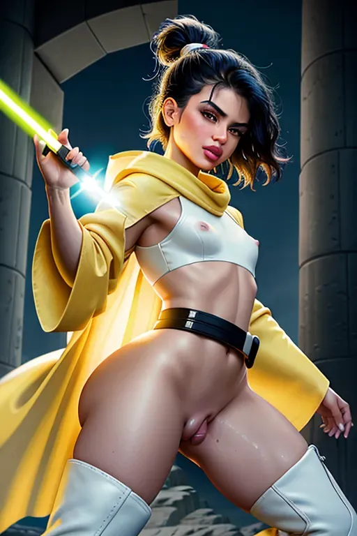 Kylie Jenner, Disney, Jedi, babe, alian race, facial ridges, a few small horns up the middle of the forehead, black eyes, small nose, strong cheek bones, soft cheeks, red full lips, mouth open, happy, curvy, small breasts, blue nipples, thin waist, thicc ass, full thighs, a couple of fingers for each hand, small feet, short yellow robes, robes blowing in the wind, no panties, black belt, thigh high white boots, holding a green double bladed lightsaber like a warrior, ready for sex, aroused clit, wet vagina, fighting, high definition, great lighting, 4k quality.