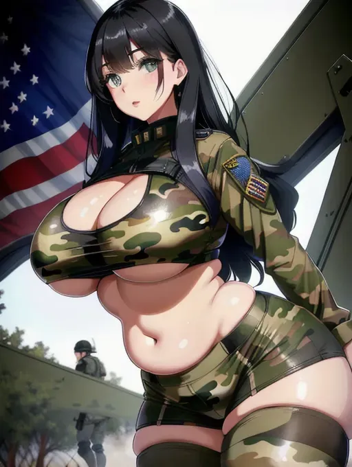 Gorgeous young American woman, photo cute attractive face, large wide doe eyes, light colored eyes, big plump lips, huge gigantic boobs, (gigantic tits), raven-black hair, sexy, thin, slim waist, tight olive-colored camouflage United States Army soldier fatigues, photorealistic, best quality, ultra high resolution