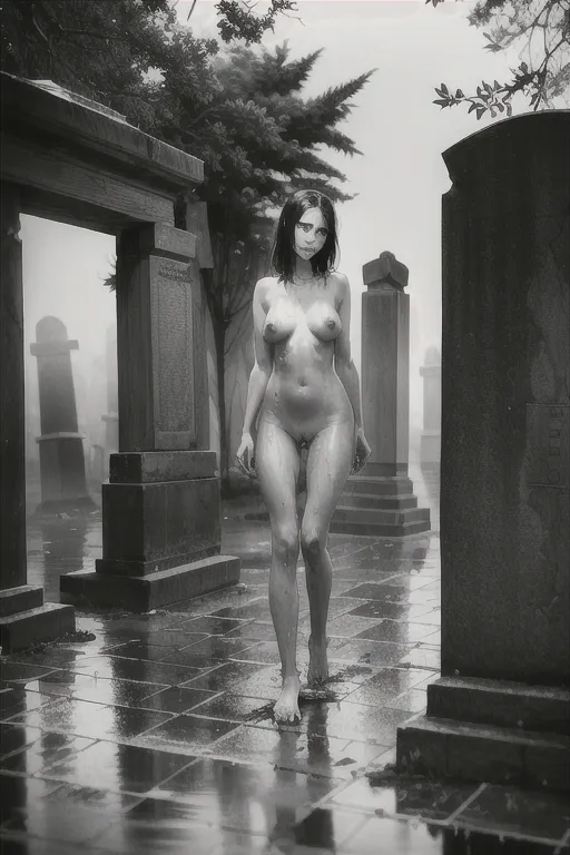 Naked woman,cemetery,dark,crypts,bones,rain,mud,wet,dripping,tombstones,abandoned,overgrown