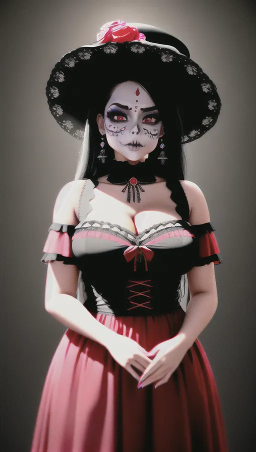 Young Mexican Latina, Dia de los muertos, sugar skulls, LA Calavera Caterina, Mexican dead woman make-up, Mexican gothic dress, highly detailed, hyperrealistic details, dense, atmospheric, cinematic, octane render, unreal engine, hyperrealistic, Blender Model, Detailed render, Environment design, vivid colors, Tungsten lights, Raytracing, absurdres, UHD, HDH, HDRi, 8k, 16k, 32k