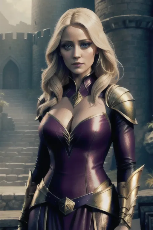 photograph of Olivia Taylor Dudley, accurate face, detailed face, as a sexy powerful sorceress, standing at her castle in a magical land
