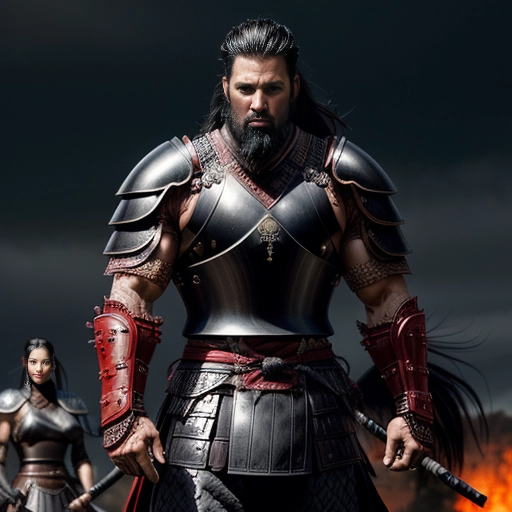 An ultra realistic color photograph of an (extremely tall and muscular male warrior) flanked by ((two) shorter female warriors) as they lead an army into battle
Male warrior has black hair shaped into Samurai style
Male warrior has a very short and well trimmed black beard
Male warrior is tall and slender and has a bodybuilder physique
Male warrior is wearing elaborate black leather Royal samurai armor with a steel breastplate and steel pauldrons
Breastplate on male warrior has dragon insignia
Male warrior is dragon themed
Female warriors have fitness model physiques
Female warriors have long thick shiny black hair
Female warriors are wearing sexy black and red leather Samurai armor with steel pauldrons
Female warriors have long black hair braided in Samurai style
Background is a stormy night on a bloody battlefield
<lora:dpmg_add_detail:1>