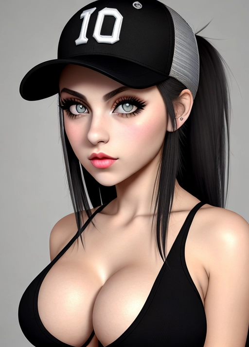 Cute Italian girl, simple grunge makeup, pale colored eyes, big wide eyes, black hair, ponytail, big lips, high riding huge boobs, gigantic tits, tight tanktop, baseball cap, photorealistic, best quality, ultra high resolution