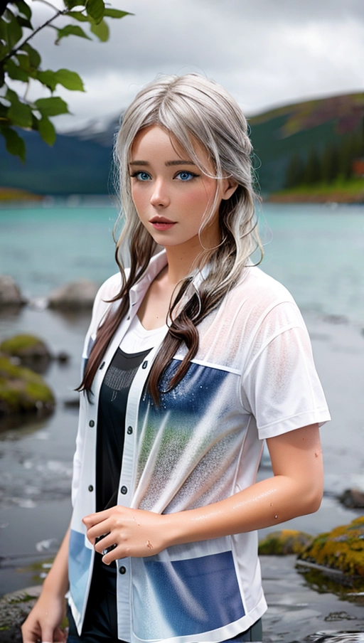 photo-realistic sexy nordic girl in wet clothes and wet hair