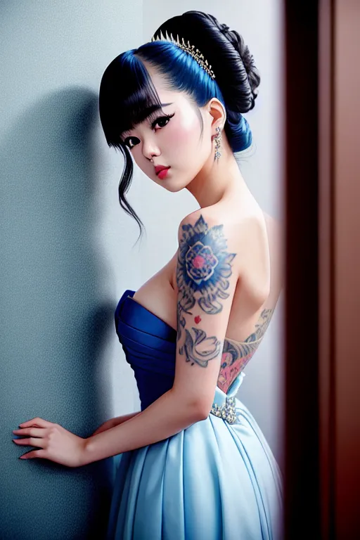 a color pencil draw of,kana hashimoto,wearing empress dress,leaning against the wall,in a hotel room,small breasts,five fingers per hand,updo hair,gorgeous face,beautiful lips,blue eyes,curved eyebrows,textured skin,satisfaction,tattoo,cinematic lighting,bokeh,surreal,smooth,unreal engine