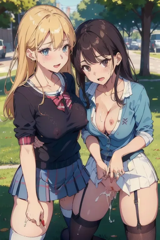 2girls, porno scene, preppy wife, (outfit:1.4), breasts with perfect nipples, dynamic scene, 8K, bokeh, digital photo, (cum slut:1.3), (fingering her pussy:1.3), looking at camera
